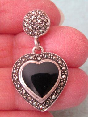Vintage Art Deco Sterling Black Onyx & Marcasite Heart Dangle Earrings*Defects*